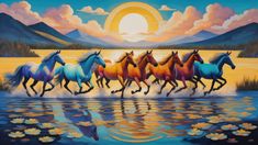 Seven, 7, running horses, horses, landscape, painting, sun, water, trees, clouds, buy, sell 7 Horses Running Painting, Horses Running Painting, Horse Running Drawing, 7 Running Horses, Running Horse Painting, Contemporary Horse Paintings, Running Painting, Seven Horses Painting, Horses Landscape