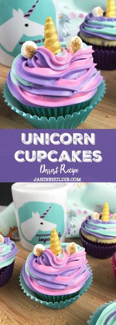 unicorn cupcakes with pink, purple and blue frosting on top are shown