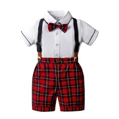 Red Plaid Suspender Shorts Outfit - Momorii Tartan Material, Red Plaid Pants, Tartan Bow Tie, Suspender Shorts, White Short Sleeve Shirt, Outfits Hombre, Shorts Outfit, Crisp White Shirt, Special Occasion Outfits