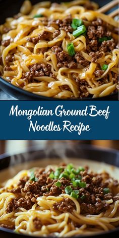 two pictures of noodles with ground beef and green onions in a skillet on the side