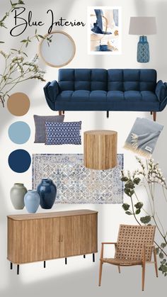 a living room with blue furniture and accessories on the walls, including a couch, chair, table, vases, rug