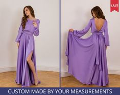 "👉 This faux wrap cocktail dress is made of silky satin. You don't need to tie the dress, it has an elastic waist. Has separate elastic sash. 👉 All dresses are custom and I make the dress by your measurements, that's why it is very important to leave all measurements in the box \"personalization\". Please, see in my instruction \"How to measure\". If you have any questions about measurements, do not hesitate to ask about it, I will gladly help. 👉 You need to choose approximate size according to your bust measurements and then leave all needed measurements in box \"Personalization\". The sizes: XS, S, M, L, XL, 2XL, 3XL, 4XL, 5XL (see the Size Guide in the photo of this listing).  👉 The standard length of this dress from the waist is 45 inches (115 cm). You can change dress length, slee Purple Dress Satin, Satin Dress Evening, Satin Dress Purple, Event Dresses Long, Long Satin Dress, Short Flared Skirt, Long Flared Skirt, Dress Event, Satin Wrap Dress