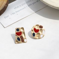 Fashion Earrings-Colorful Enamel Geometric Round Square Hammer Matte Gold Clip On Earrings for Women Girl Vintage Non Pierced Ear Clips JewelryModel Number:4001298123090 Red Enamel Trendy Earrings, Trendy Red Enamel Earrings, Retro Multicolor Metal Earrings, Multicolor Enamel Earrings, Trendy Gold Enamel Earrings, Trendy Multicolor Enamel Earrings, Fake Earrings, Pierced Ear, Ear Clips