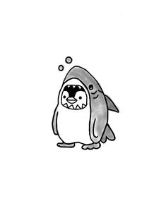 a drawing of a penguin with a shark's head sticking out of its mouth