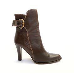 Coach Nancie Dark Brown Leather Heeled Ankle Boots Brushed Gold Buckle Detail Side Zipper Almond Pointed Toe Wooden Chunky High Heel Made In Italy Good Condition- Minimal Signs Of Wear. See S Shoes Have Been Cleaned & Conditioned Inside & Out For New Owner! Womens Size 7.5 - Runs A Little Small Best For A Size 7 3.75” Heel .25” Platform 5.5” H Shaft Out My Closet! Bundle & Save! Tags: Bronze Tan Detailing Embellishment Embellished Decor Decoration Semi Pointy Wood Stack Stacked Block Thick Short Booties Zip Q223 D 07 71/2 7 1/2 #176 Wood Stack, Boot Brush, Bronze Tan, Short Booties, Short Ankle Boots, Brown Leather Heels, Fancy Shoes, Chunky High Heels, Coach Shoes