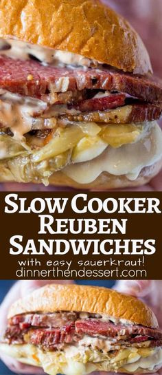 a close up of a person holding a sandwich in their hand with the words slow cooker reuben sandwiches on it