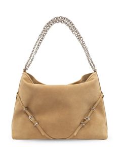 sand beige calf suede decorative buckle strap detailing slouch body two chain-link top handles main compartment internal zip-fastening pocket open top Luxury Suede Shoulder Bag With Metal Hardware, Beige Evening Bag With Horsebit Detail, Beige Leather Shoulder Bag With Horsebit Detail, Chic Beige Bag With Horsebit Detail, Beige Shoulder Bag With Horsebit Detail, Beige Shoulder Bag With Horsebit Detail For Everyday, Chic Suede Bag With Metal Hardware, Elegant Suede Shoulder Bag With Metal Hardware, Chic Suede Shoulder Bag With Silver-tone Hardware