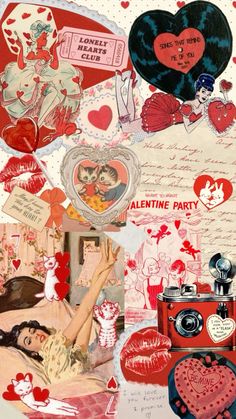 valentine's day collage with red and black hearts, love letters, an old camera, etc