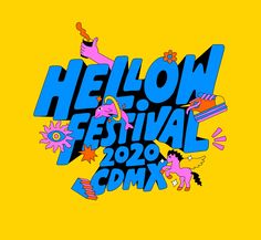 a yellow background with the words hellon festival in blue and pink letters on it