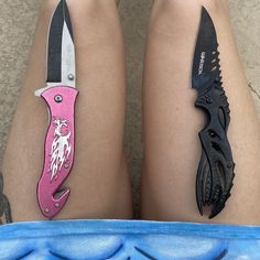 two different types of knives are on the legs of someone's legs with tattoos