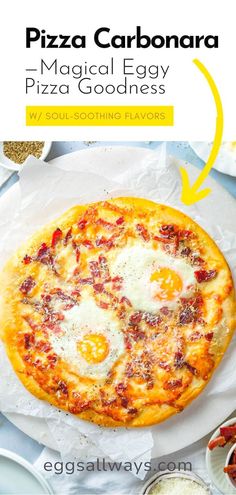 a pizza with eggs on top and bacon in the middle