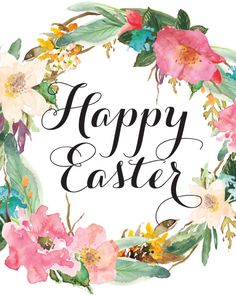 the words happy easter written in black ink on a wreath with pink and yellow flowers