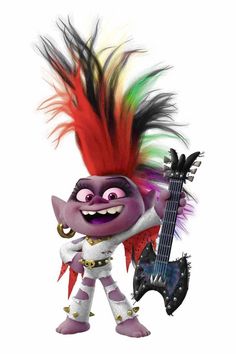 a cartoon character holding a guitar and wearing an outfit with feathers on it's head