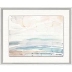 an abstract painting with watercolors and white frame on the wall above it is a blue ocean scene