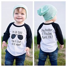 two photos of a toddler wearing a t - shirt that says i'm so cute