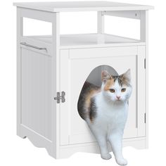 a cat is standing inside of a small white cabinet with its front door open and it's face peeking out