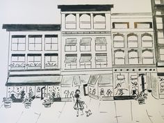 a drawing of people walking down the street