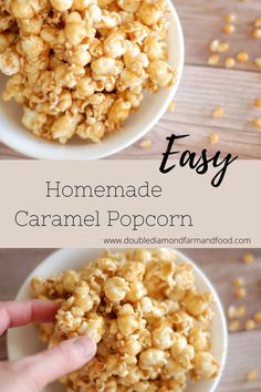 white bowl filled with gooey caramel popcorn. Popcorn kernels are sprinkled on the wood table next to the bowl. Carmel Popcorn Recipe, Soft Caramel Popcorn, Flavored Popcorn Recipes