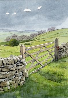 a watercolor painting of a stone wall and gate in a field with green grass