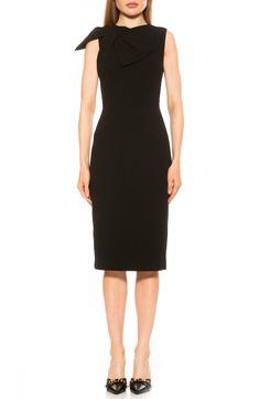 Easily transition from desk to dinner with this sheath dress styled with a foldover detail and a boat neckline. 35 1/2" length (size Medium) Boat neck Sleeveless Lined 95% polyester, 5% spandex Machine wash, dry flat Imported Model stats: 5'10" height, 32" bust, 25" waist, 36" hip. Model is wearing size Medium. Elegant Bodycon Dress With Boat Neck, Elegant Boat Neck Midi Dress For Work, Elegant Midi Dress With Boat Neck For Workwear, Sheath Bodycon Dress With Structured Shoulders, Black Boat Neck Midi Dress For Formal Occasions, Classic Boat Neck Midi Dress For Evening, Boat Neckline, Boat Neck, Sheath Dress