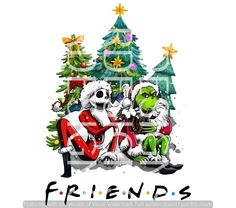 two cartoon characters sitting in front of a christmas tree with the words friends on it