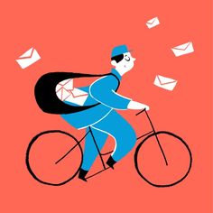 a man riding a bike with envelopes coming out of the back and mail flying in the air