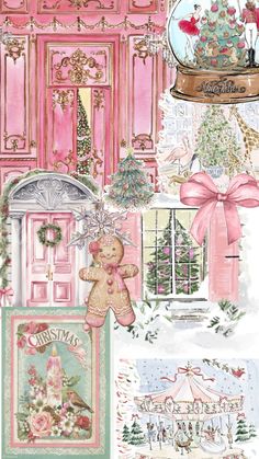 a collage of christmas images with pink doors and decorations on the front, in pastel tones