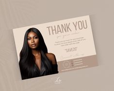 a thank card with an image of a woman's face and long black hair