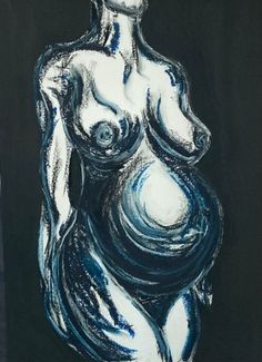 an abstract painting of a woman's body in blue, white and black colors