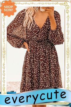 Leopard V Neck Bubble Sleeves Midi Dress Midi Dress With Sleeves, Midi Dresses, Women Dresses, Dresses Midi, Bubbles, Midi Dress, V Neck, Womens Dresses, Dresses