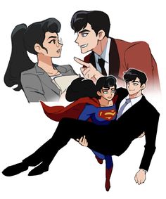 the superman family is being hugged by two other people, one in a suit and tie