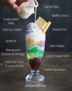 an ice cream sundae is being poured with milk and other ingredients to make it