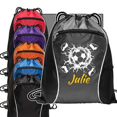 Gear up your young athlete with our Personalized Soccer Drawstring Bag! Perfectly crafted for kids and teens, this custom name sports bag is an essential addition to any soccer enthusiast's gear. Made from durable, high-quality materials, it's designed to withstand the wear and tear of every practice, game, or adventure. Each soccer bag is personalized with your child's name, making it a unique and thoughtful gift for boys and girls alike. The spacious main compartment easily fits sports equipment, shoes, and more, while the drawstring closure ensures everything stays secure on the go. Celebrate their love for the game with a customized touch they'll cherish. Ideal for birthdays, holidays, or just because, our Personalized Soccer Drawstring Bag is a winning choice every time. Order now and Sporty Personalized Sports Bag, Black Bags For Sports With School Spirit Style, Sporty Back To School Gym Bag, Personalized Sporty School Bag, Sporty Personalized School Bag, Personalized Sporty Bags For Sports Events, Sporty Personalized Bag For Sports Events, Customizable Sporty School Bags, Sporty Customizable School Bags