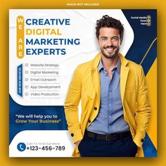 a man in yellow jacket and blue shirt standing next to an advertisement for digital marketing experts