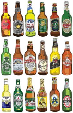 many different types of beer bottles are shown in this image, with the same color as each