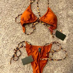 Never Worn, Top = Size 6, Bottoms = Size 8 Strappy Beachwear Swimwear For Vacation, Strappy Swimwear For Vacation, Strappy Swimwear For The Beach, Beachy Strappy Swimwear For Vacation, Festival Brown Triangle Top Swimwear, Tropical Strappy Swimwear For The Beach, Brown Tie-side Bottom Swimwear For Summer, Casual Brown Swimwear For Vacation, Brown Beachy Swimwear For Beach Season