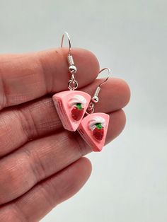 Pair of lightweight Strawberry Shortcake Earrings.  Perfect for gift giving or to keep for yourself! Allow your personality to shine with these cute pink Earrings. The back of these Strawberry Shortcake charms are white. ★ Hypoallergenic, stainless-steel material ★ Handmade ★ Unique and one-of-a kind Earrings Funny, Earrings Food, Strawberry Earrings, Earrings Funky, Funky Gifts, Funny Earrings, Food Earrings, Earrings Unique, Clay Ideas