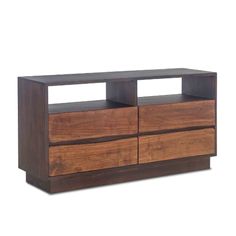 the sideboard is made from wood and has two drawers on each side, one door open