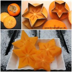 oranges cut in half and placed on a white plate with star shaped cookie cutters