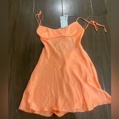 Zara Orange Satin Cut Out Open Back Dress Size Xs New With Tags Orange Dama Dresses, Light Orange Satin Dress, Indie Hoco Dress, Non Basic Hoco Dresses, Light Orange Hoco Dress, Mini Orange Dress, Loose Homecoming Dresses, Hoco Dresses Satin, Cute Orange Dresses