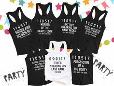 five women's tank tops with the names of their respective parties on them, all in black and white