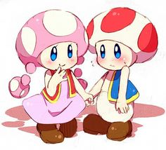 two cartoon characters are touching hands in front of each other and one has a mushroom on it's head