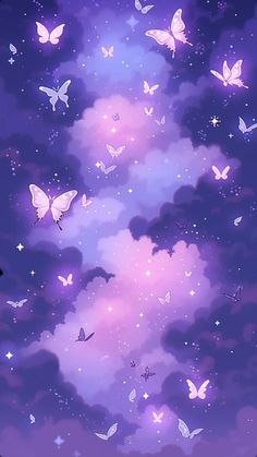 the sky is filled with lots of purple and white butterflies flying in the air above clouds