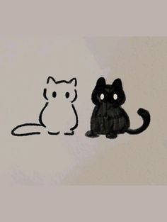 a drawing of a cat and a black cat sitting next to each other on a white wall