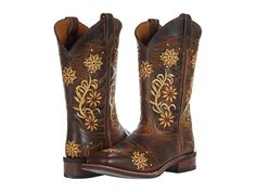 Laredo Secret Garden - Women's Boots : Brown : The Laredo Secret Garden cowgirl boots boast a genuine leather construction with beautiful allover floral embroidery for a truly feminine Western look! Pull-on Western boots with side boot straps for easy entry. Soft textile lining offers added comfort and breathability. Removable orthotic insole provides long-lasting underfoot support and cushioned comfort. Wide square toe. Medium cowboy heel. Durable rubber outsole for excellent traction and stabi Dark Brown Cowgirl Boots, Brown Cowgirl Boots, Brown Boots Women, Boot Straps, Western Look, Cowboy Boots Women, Soft Textiles, Boots Brown, Cowgirl Boots