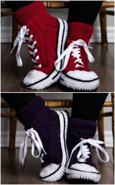 two pictures of someone's feet wearing red and black converse sneakers with white laces