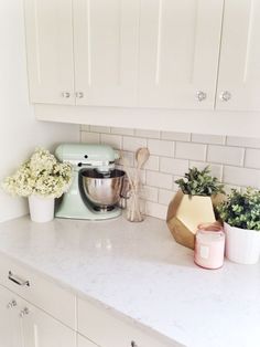 a kitchen counter with flowers and a mixer on it's side next to some potted plants