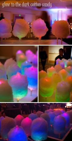 glow in the dark cotton candy is shown with different colors and shapes, including white frosting