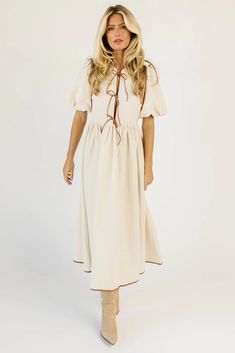 from family pictures to fall date nights, this lace up puff sleeve dress does it all, (+ then some). with its vintage-inspired shape + faux leather seam details, it pairs perfectly with boots, heels, or flats.  two tone linen // midi length, scoop neckline, front tie closures, back zipper closure, elastic cuffs, faux l Family Picture Dress, Dressy Fall Outfits, Fall Date Night Outfit, Outfit Ideas Dressy, Picture Dress, Cute Fall Outfit Ideas, Fall Date Night, Maxi Lace Skirt, Fall Tops