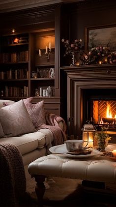 a living room filled with furniture and a fire place next to a book shelf full of books